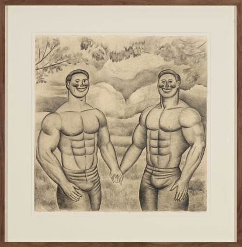 Two men holding hands in fall. by artist Amalia Angulo